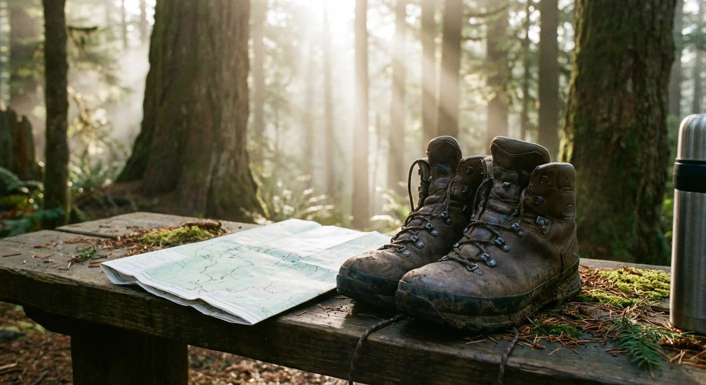 Hiking boots and a map on a bench, symbolizing the journey to retirement.