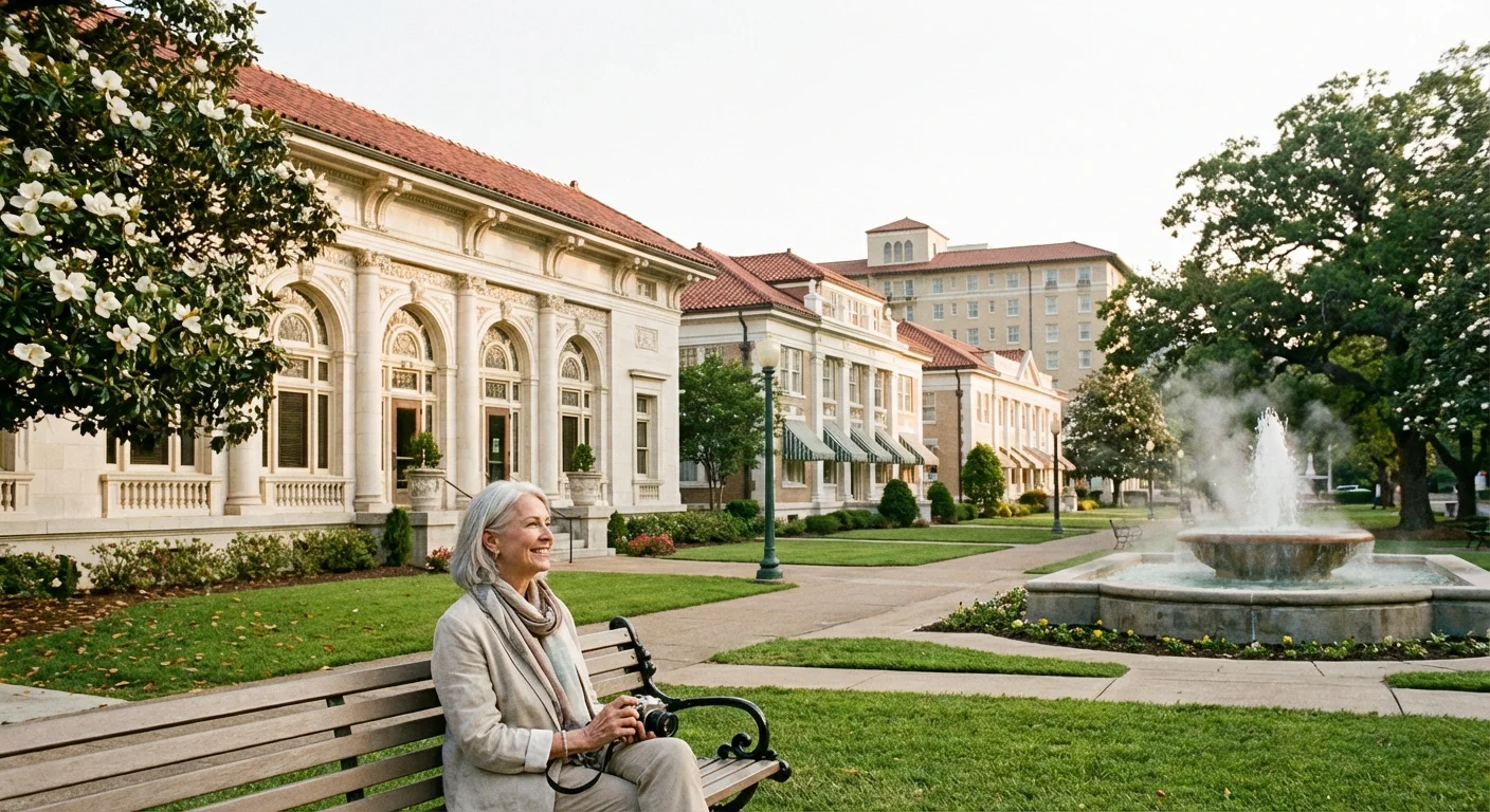 Historic Bathhouse Row in Hot Springs, Arkansas with lush greenery.