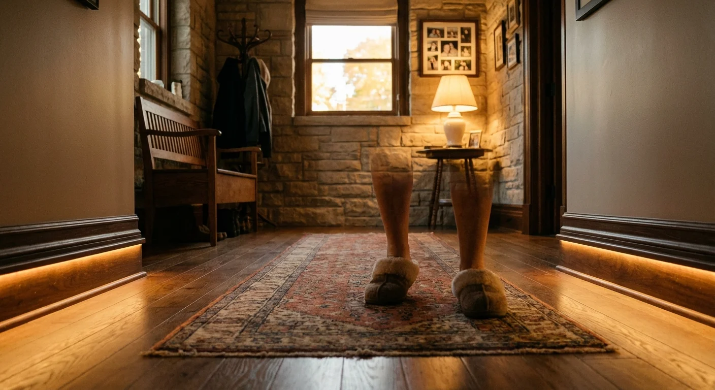 Low-level motion-sensor lights illuminating a dark hallway for safety.