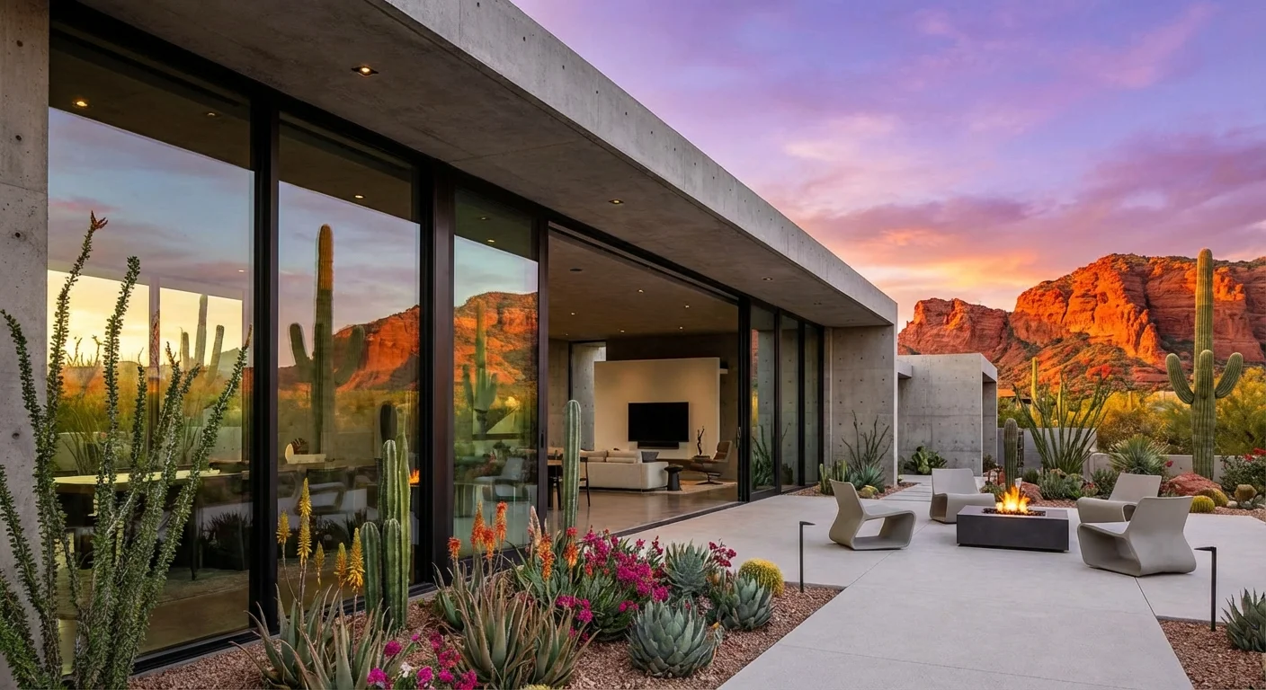Modern desert architecture reflecting a red rock sunset in Arizona.