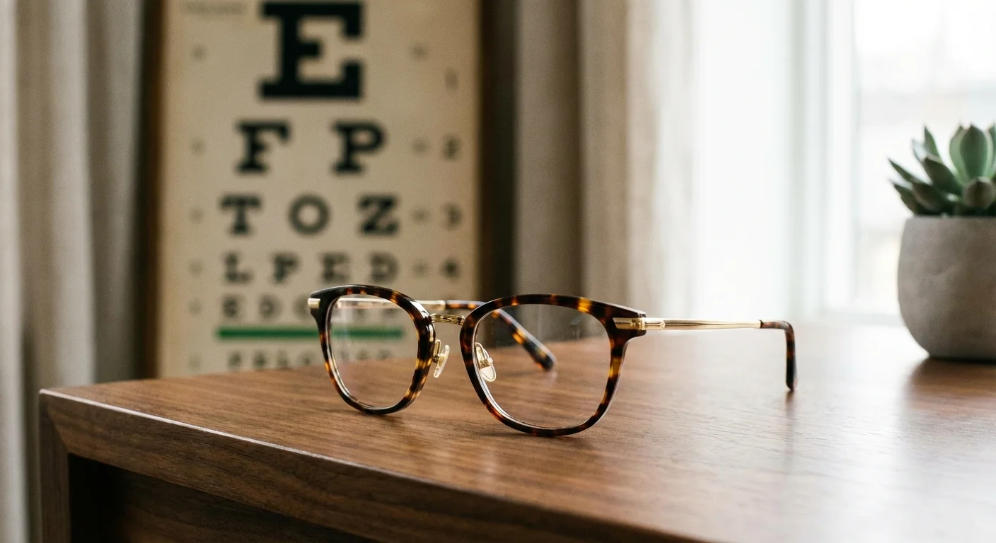 Modern eyeglasses resting on a wooden table in a bright room.
