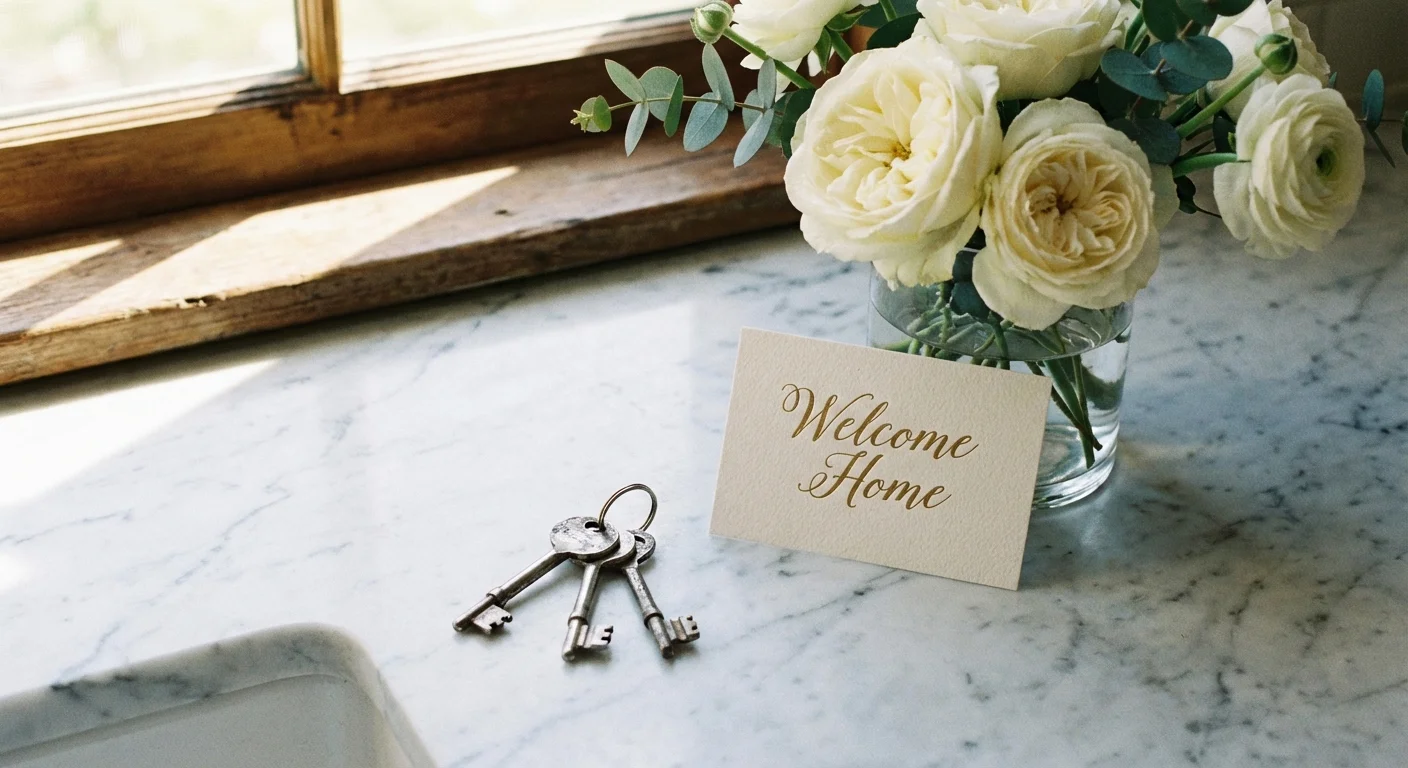 New house keys and a welcome card on a marble countertop.