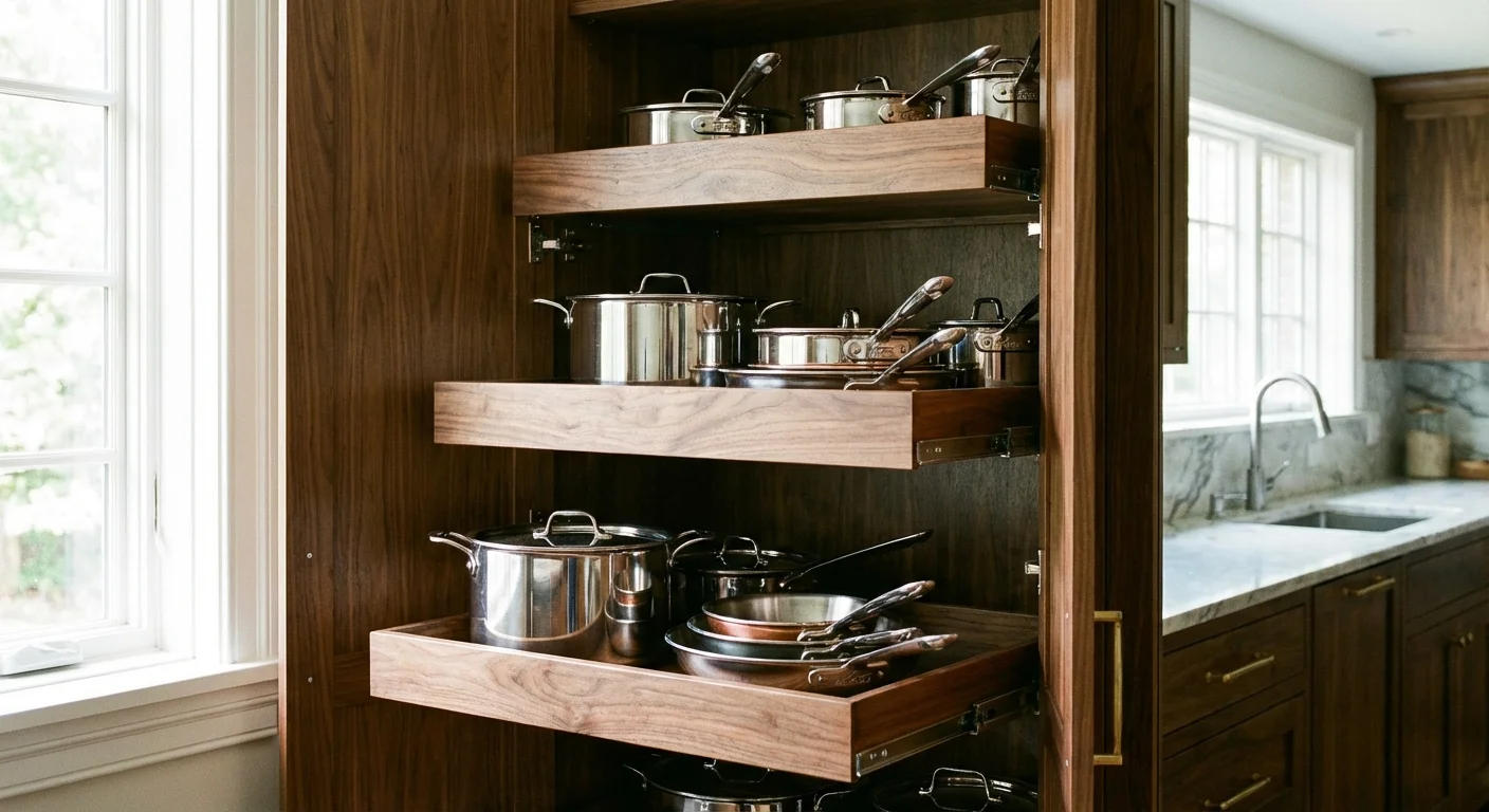 Organized kitchen cabinet with modern pull-out shelving.