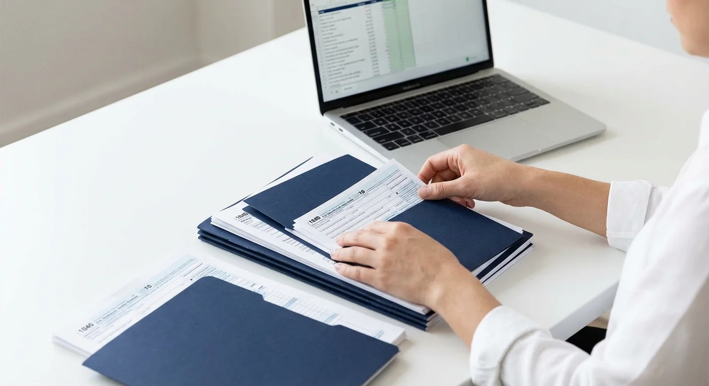 Organized tax documents and folders on a desk, representing financial tax planning.