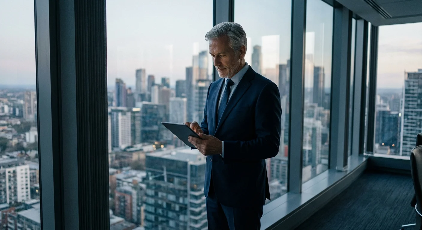 Professional man in an office looking at a tablet.