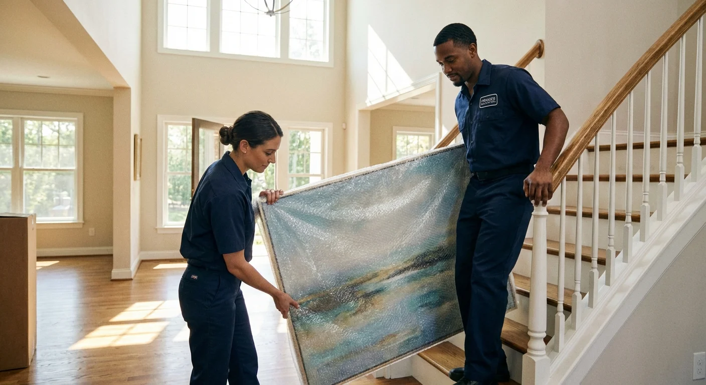 Professional movers carefully handling a wrapped piece of art.