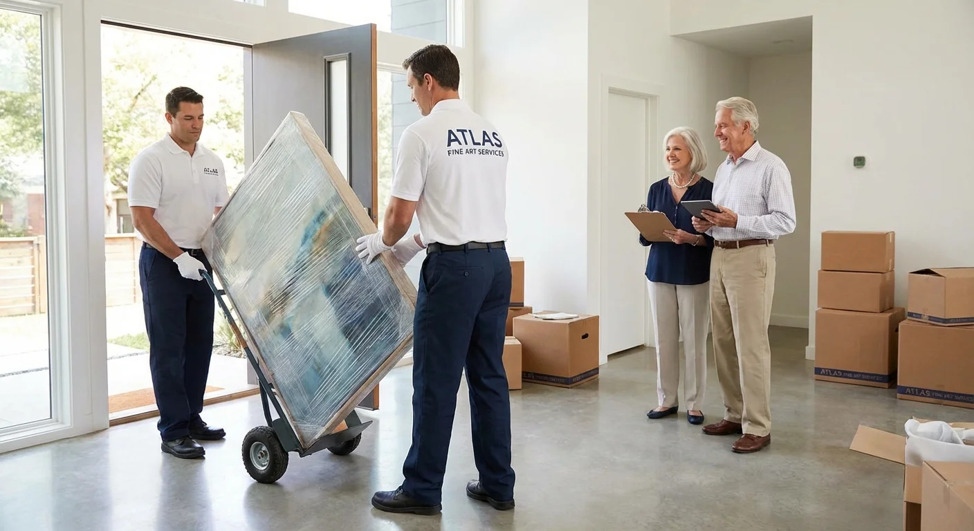 Professional movers helping a senior couple move into their new home.