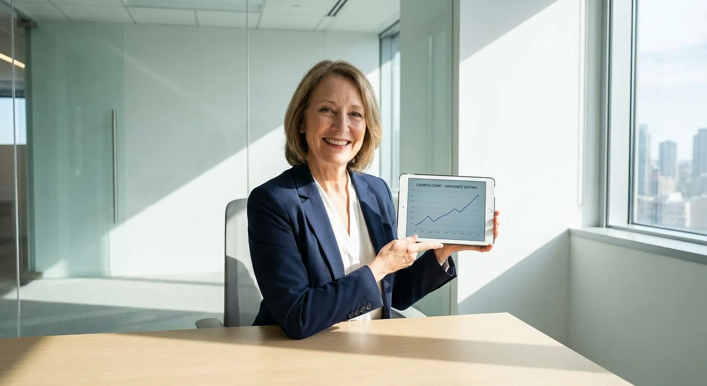 Professional woman reviewing financial growth charts in a modern office.