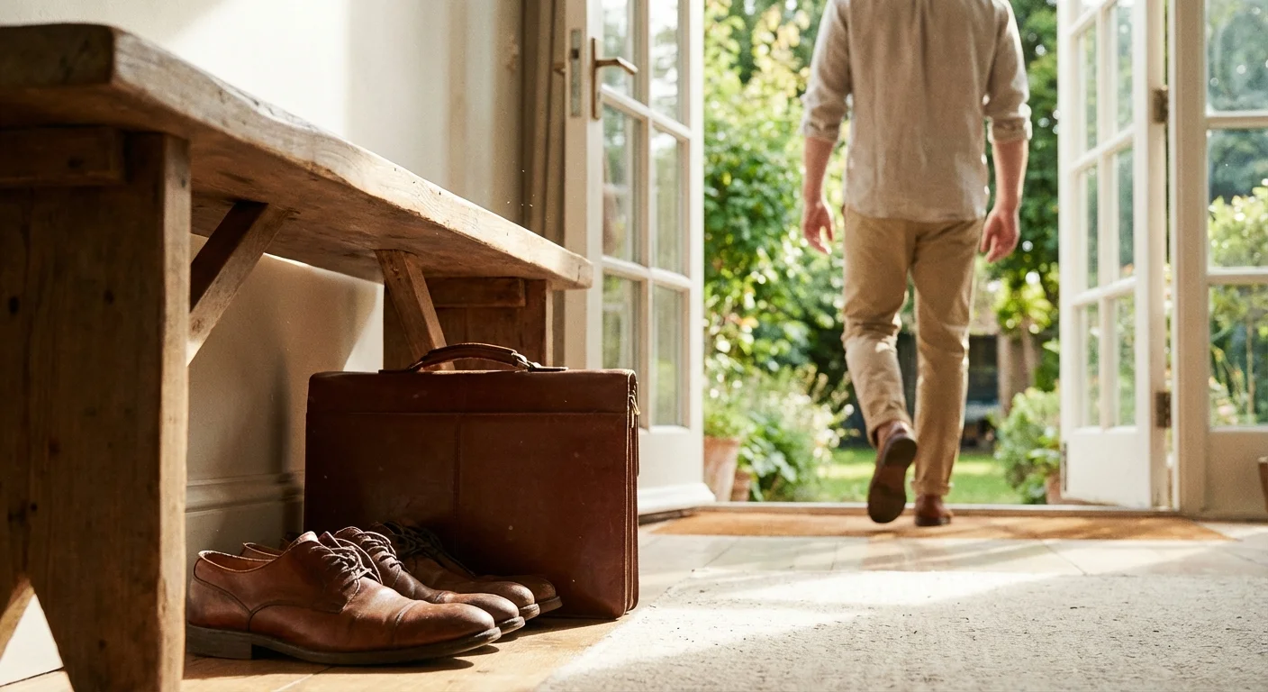 Professional work gear stored away while a man walks toward a bright garden.