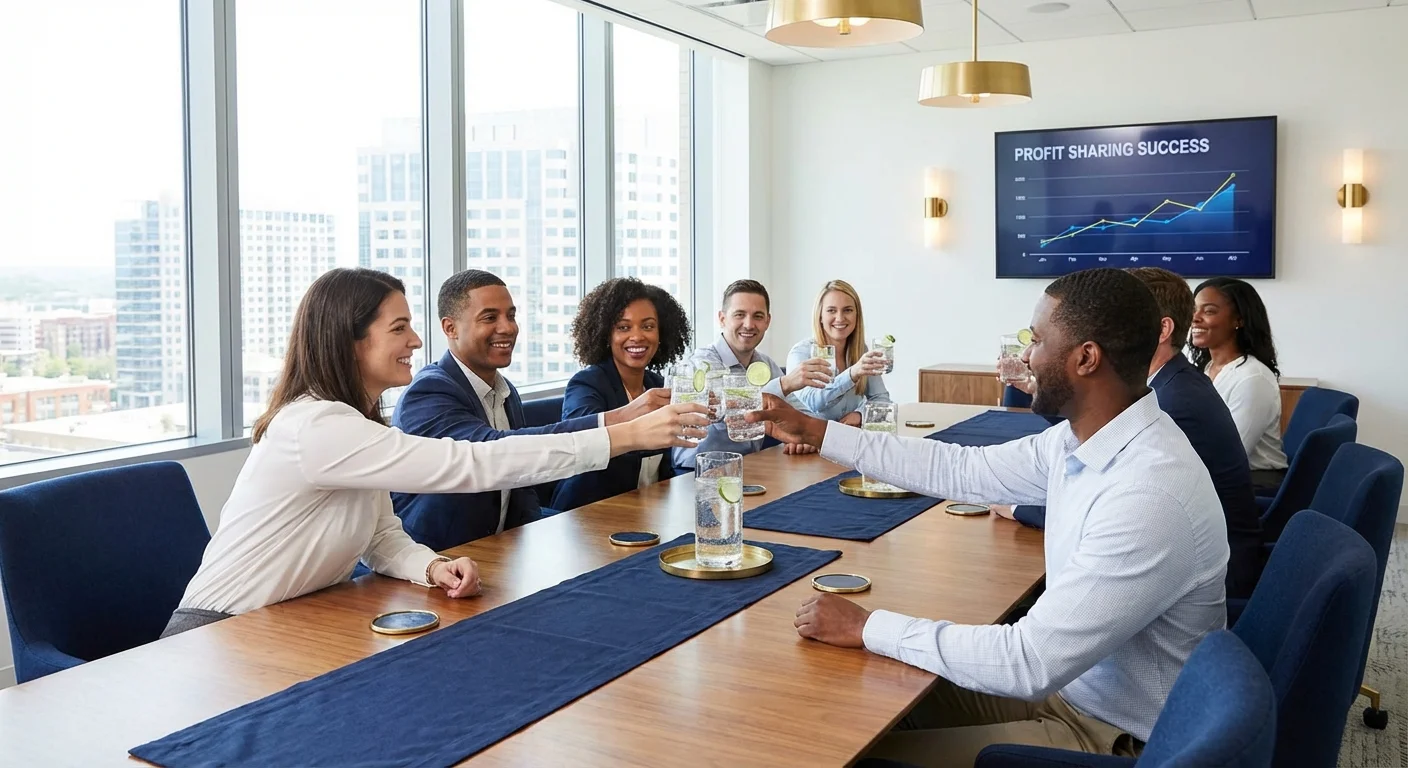 Professionals celebrating collective success in a bright boardroom.