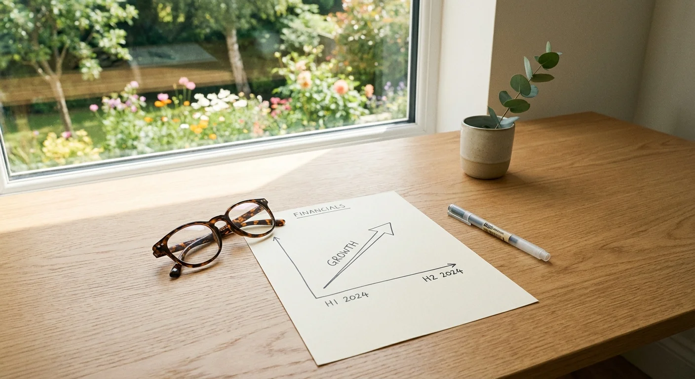 Reading glasses and a pen on a desk with a financial chart.