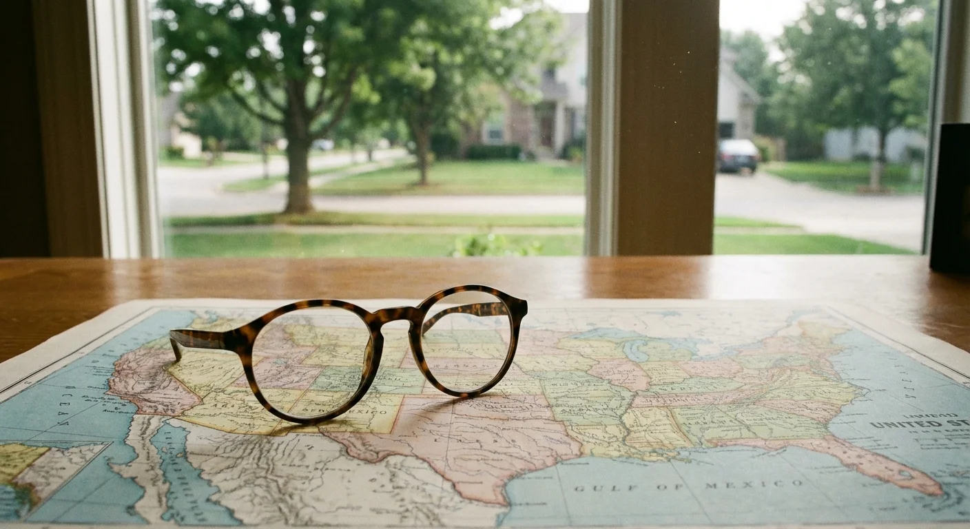 Reading glasses on a map with a blurred neighborhood in the background.