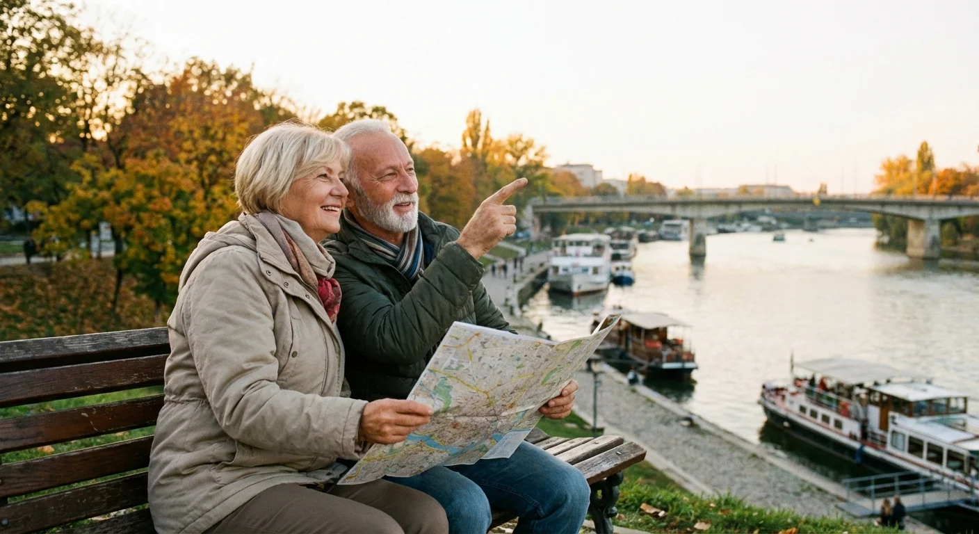 Retirees comparing potential relocation spots while sitting on a scenic park bench.