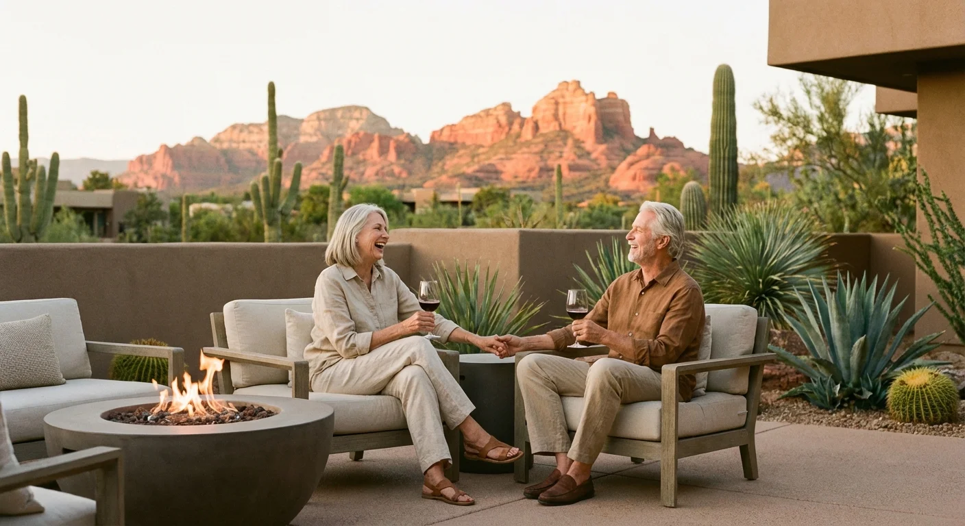 Retirees enjoying drinks on a patio with a view of Arizona red rocks.
