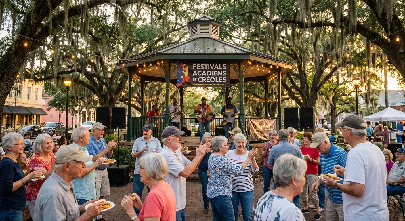 Retirees enjoying music and culture in Lafayette, Louisiana.