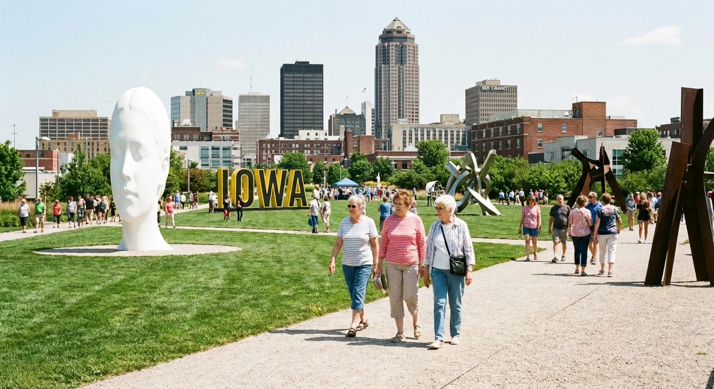 Retirees exploring an outdoor sculpture park in Des Moines, Iowa.