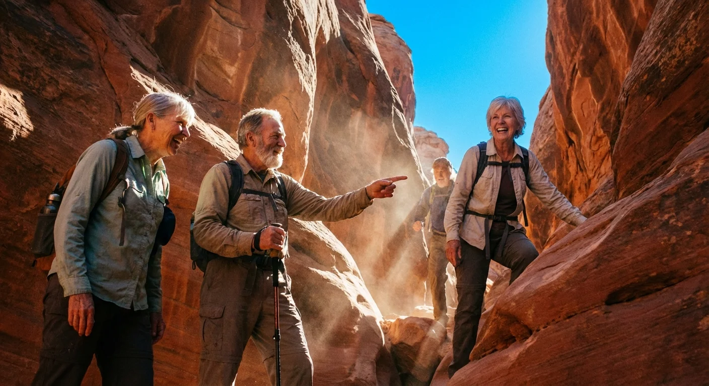 Retirees exploring the unique rock formations in a Utah national park.