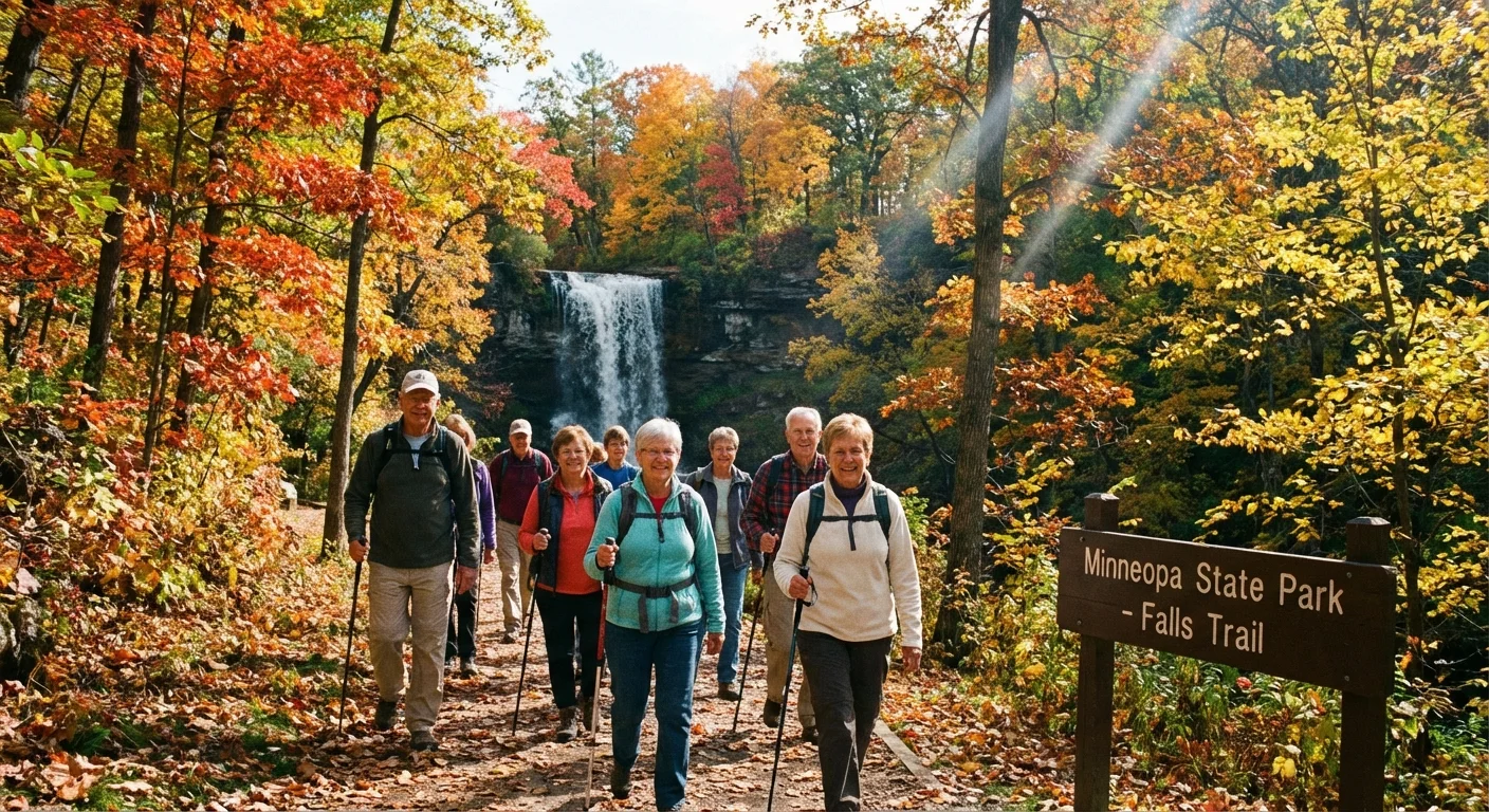 Retirees hiking near a waterfall in Mankato, Minnesota.
