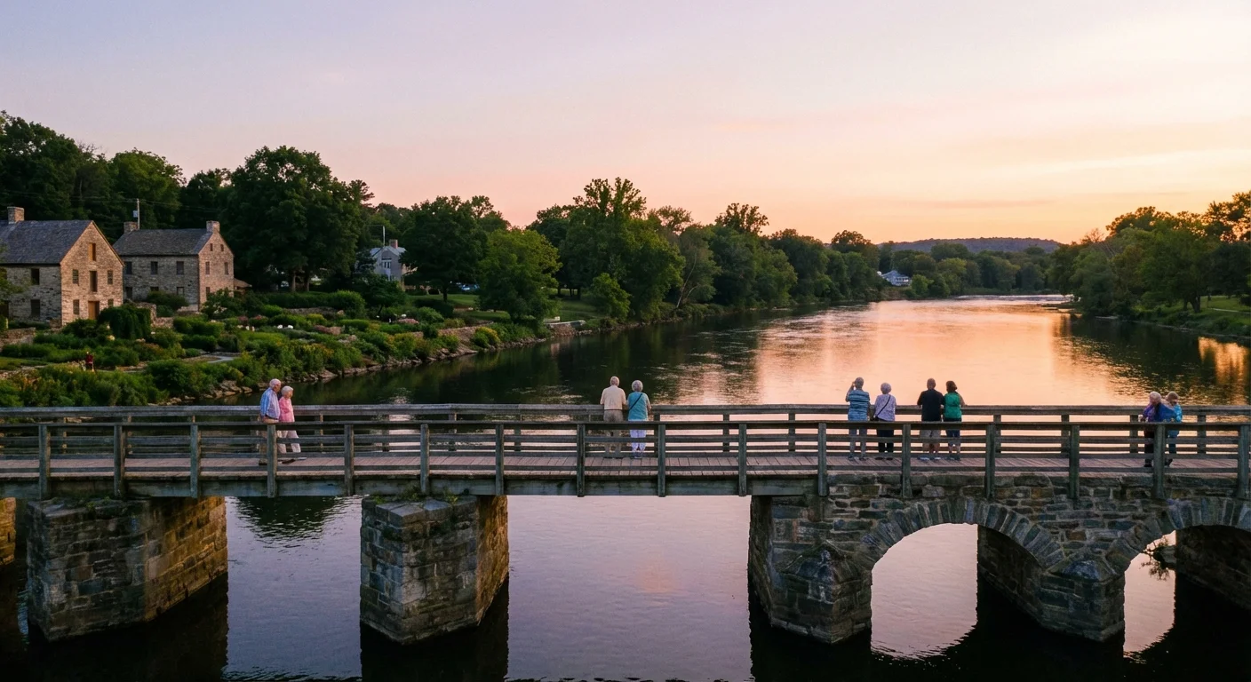 Retirees walking across a bridge over a calm river at sunset.