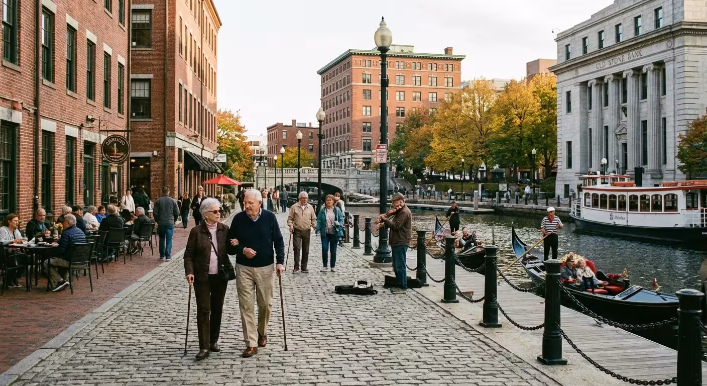 Retirees walking along the river in Providence, Rhode Island.