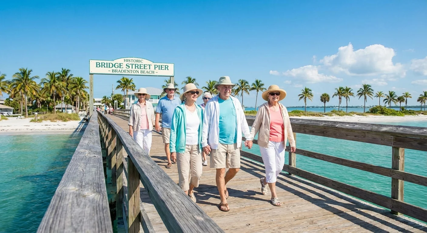 Retirees walking on a pier near the water in Bradenton, Florida.
