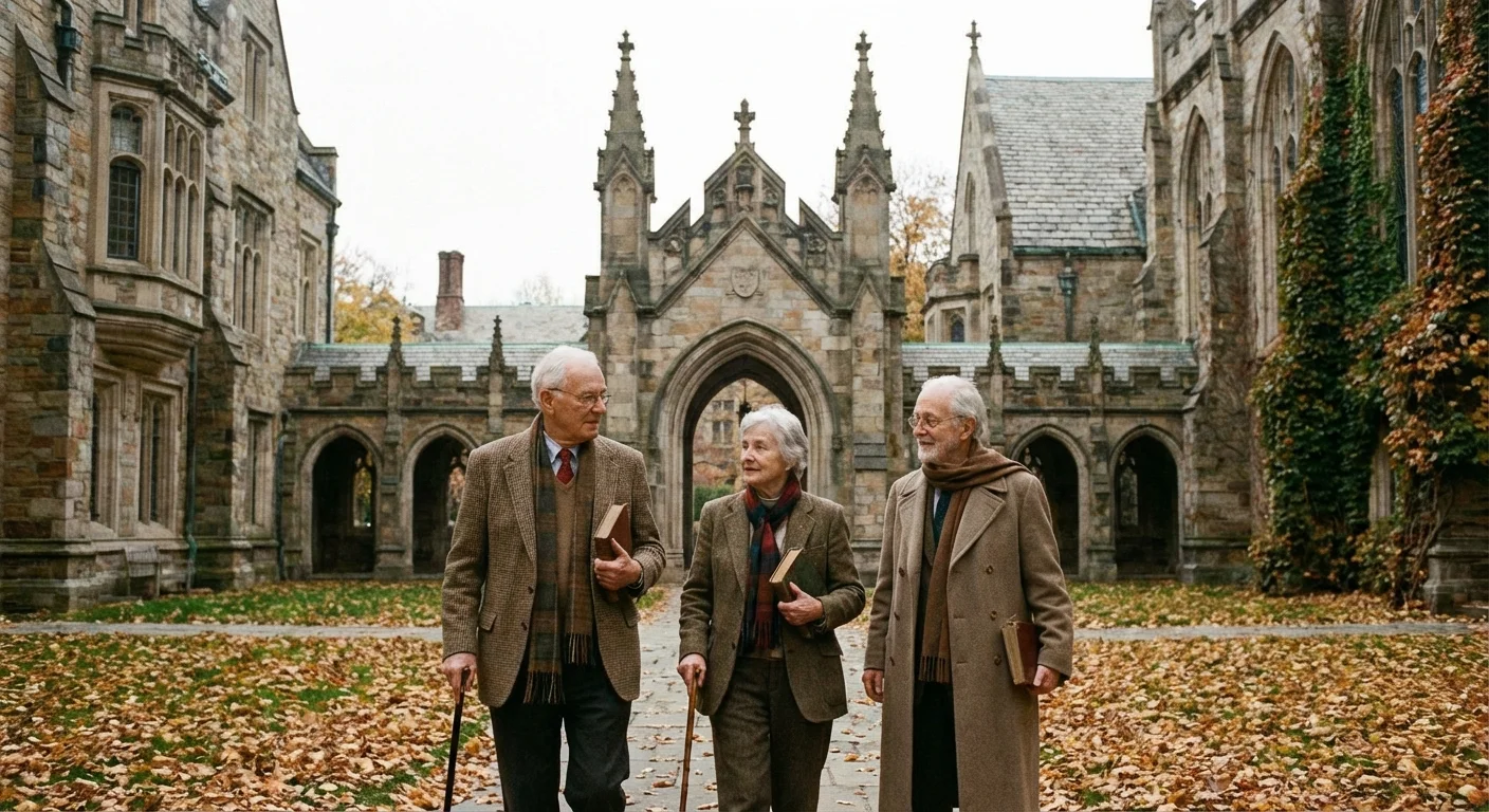 Retirees walking past historic architecture in New Haven, Connecticut.
