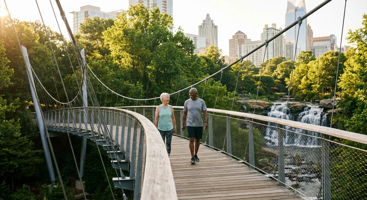 Retirees walking through a lush urban park with a waterfall in the South.