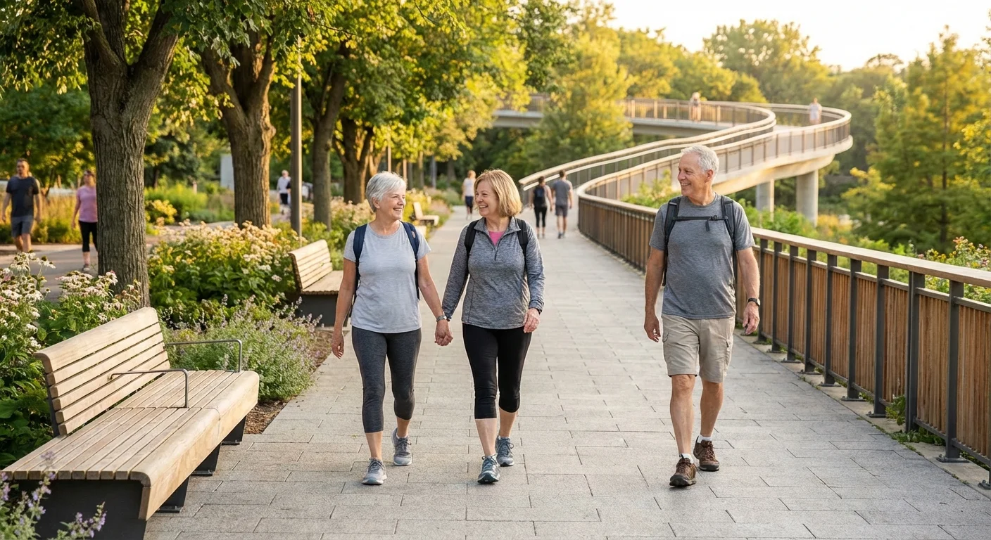 Senior couple walking on a modern, accessible paved park trail in the sunlight.