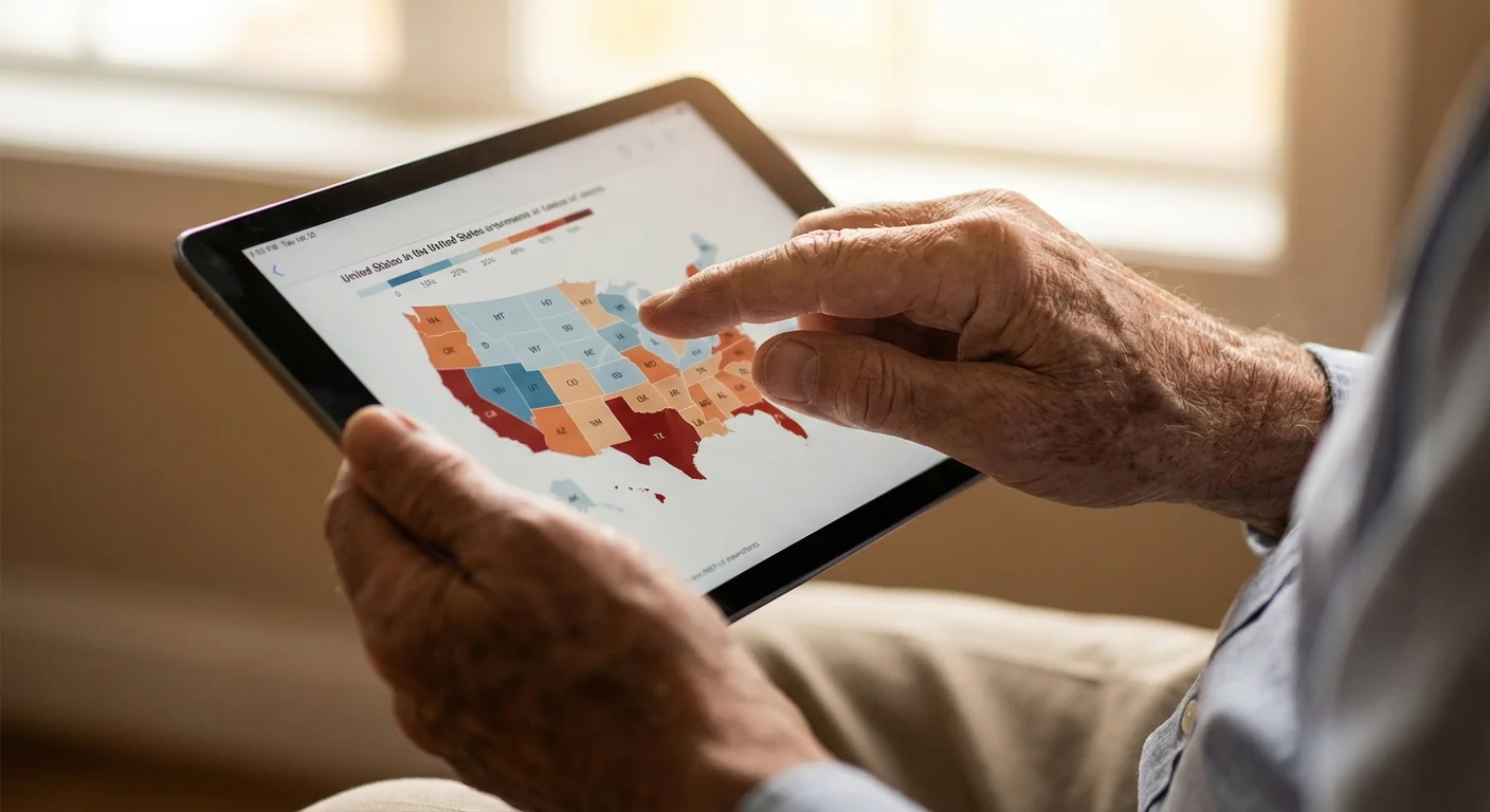 Senior hands holding a tablet showing a map of the USA.