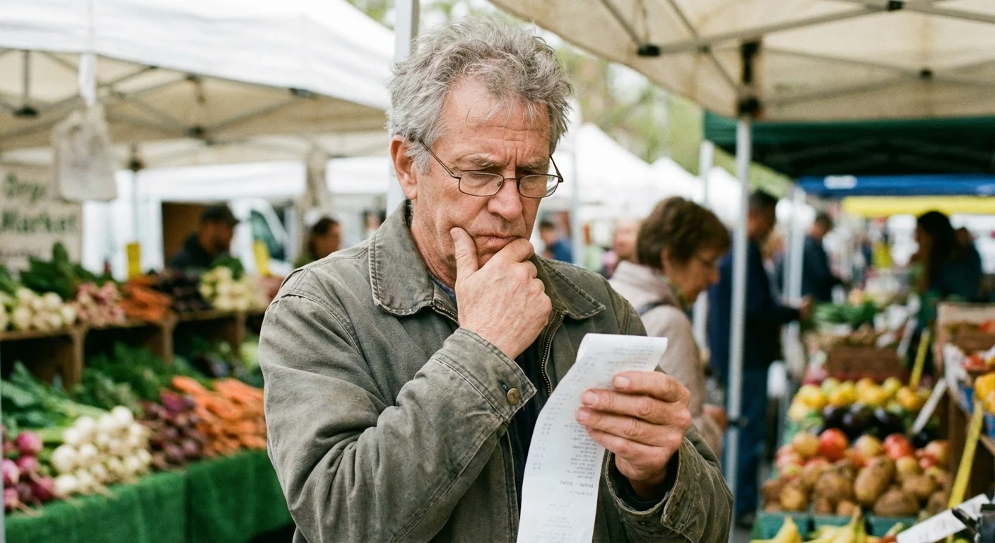 Senior man looking at a grocery receipt at a market.