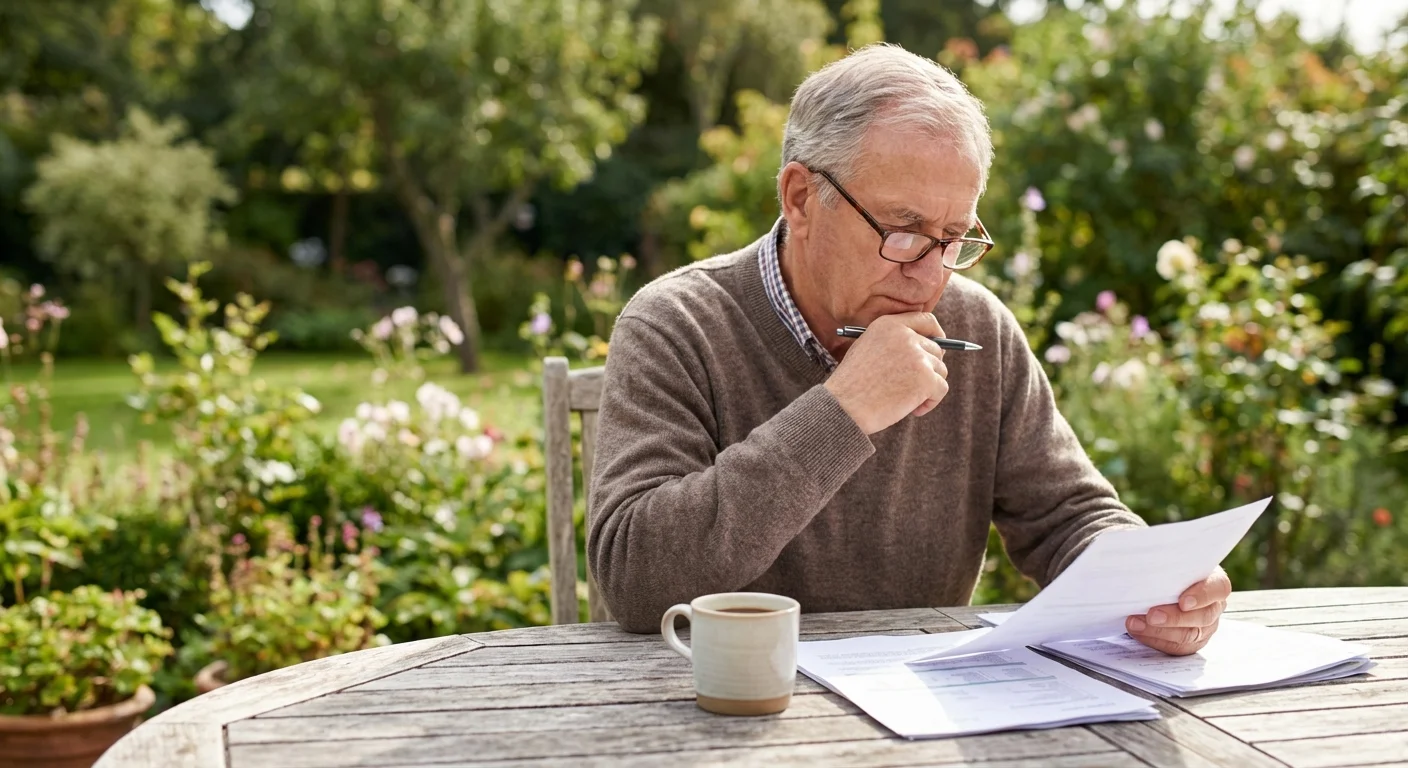 Senior man reviewing documents at an outdoor table in a garden setting.