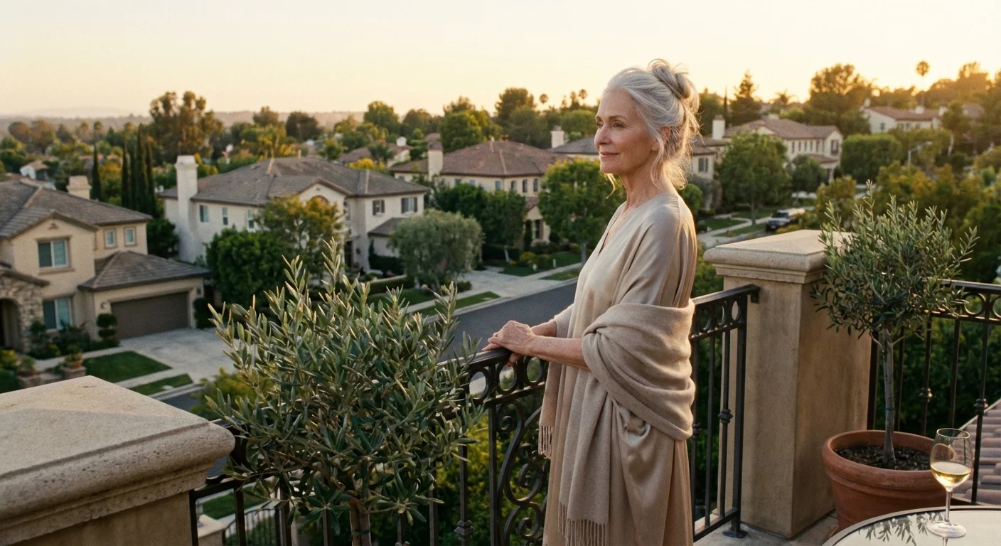 Senior woman looking out over a beautiful neighborhood from a balcony at sunset.