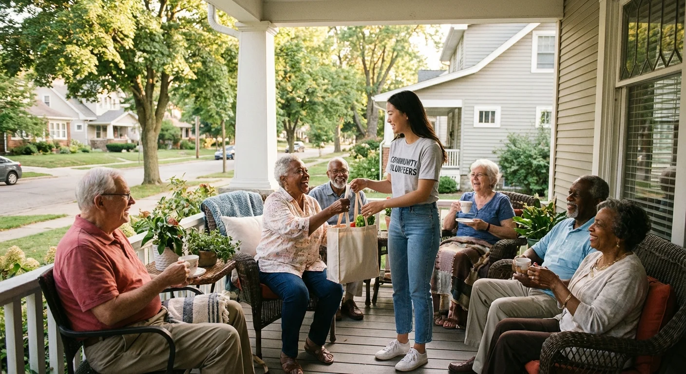 Seniors and a volunteer interacting warmly on a sunny neighborhood porch.