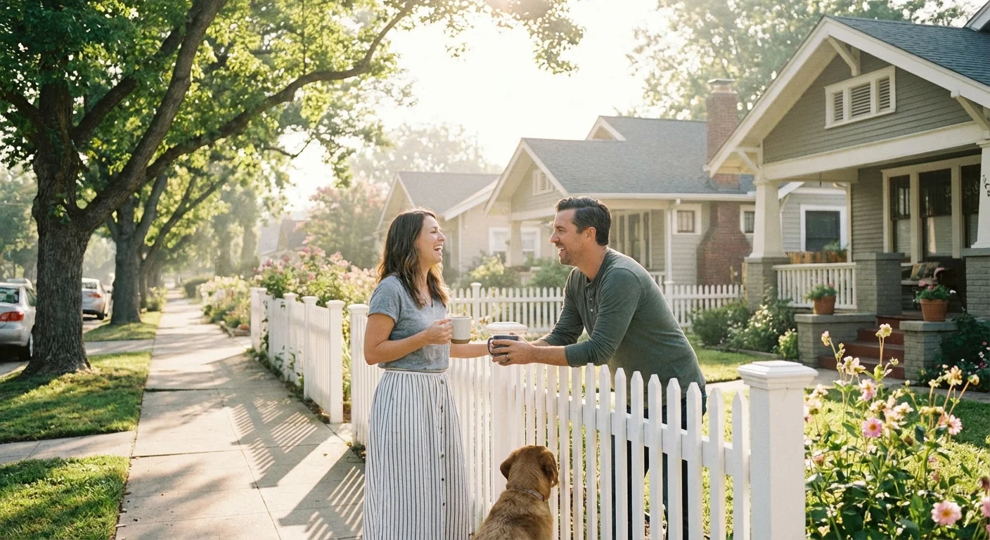 Seniors chatting with their neighbor in a friendly neighborhood.