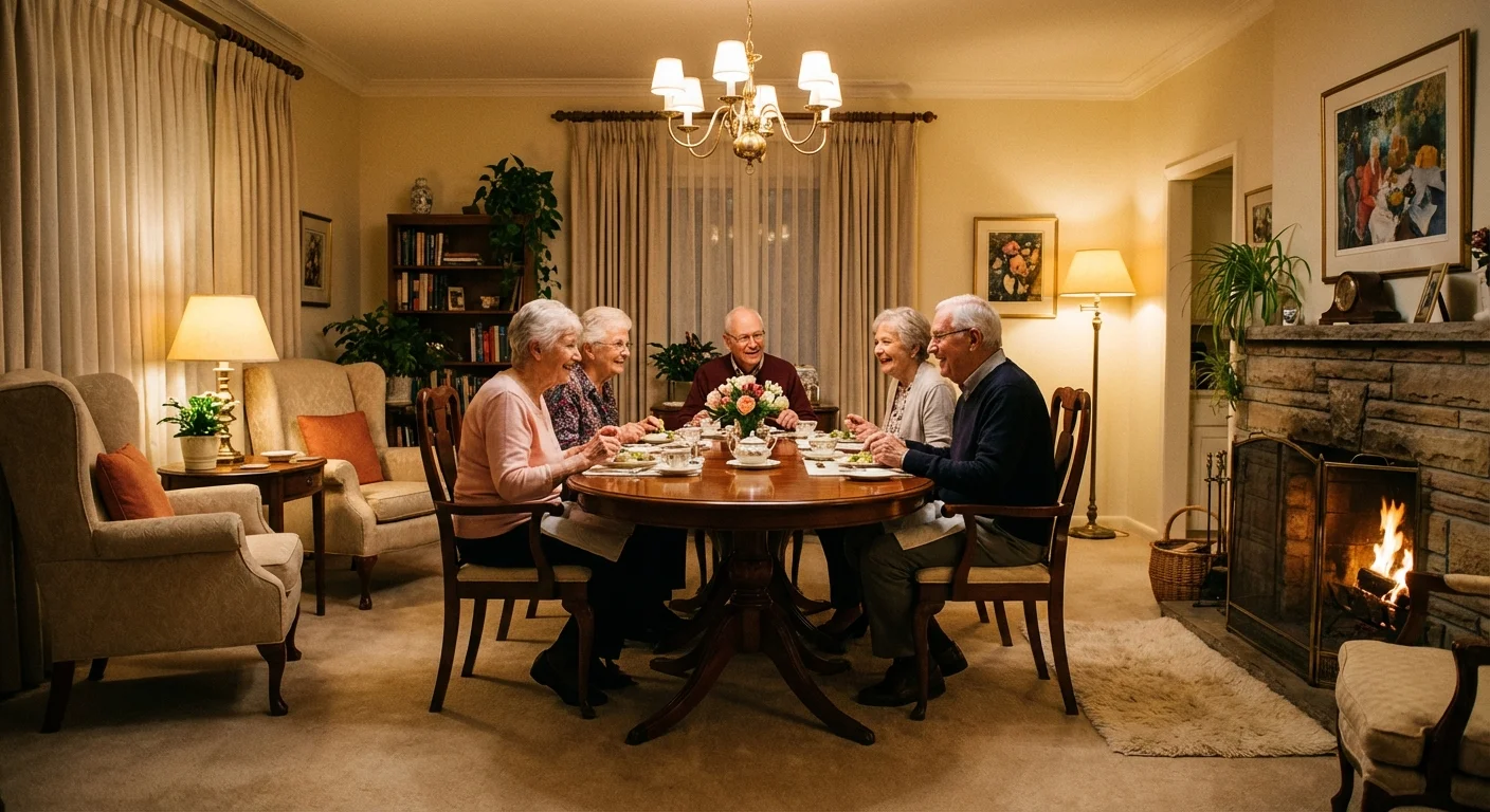 Seniors sharing a meal in a cozy, high-end residential dining room.