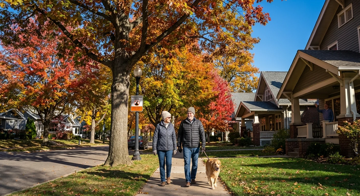 Seniors walk their dog down a peaceful, tree-lined street in a Midwest suburb.