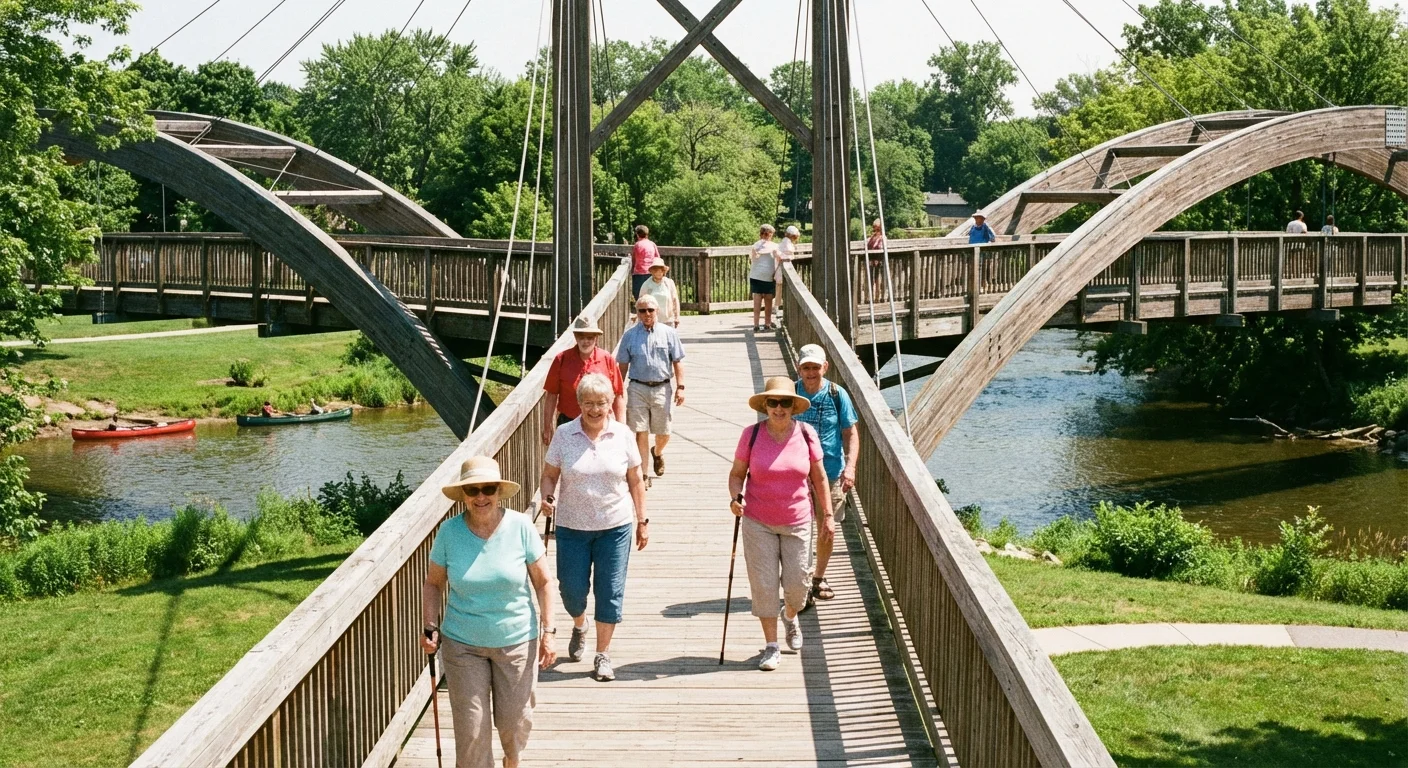 Seniors walking on a unique three-way bridge in Midland, Michigan.