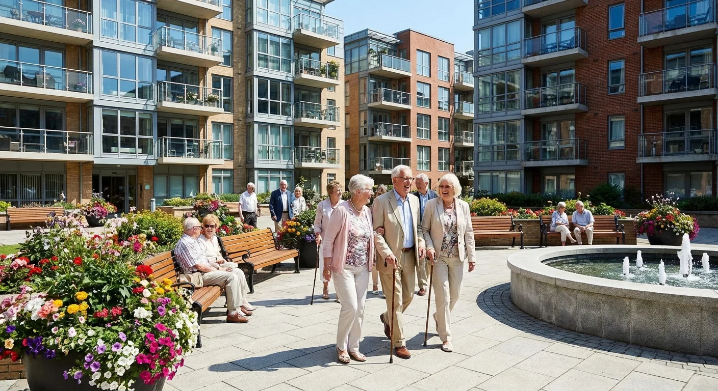 Seniors walking through a beautiful urban apartment courtyard with greenery.