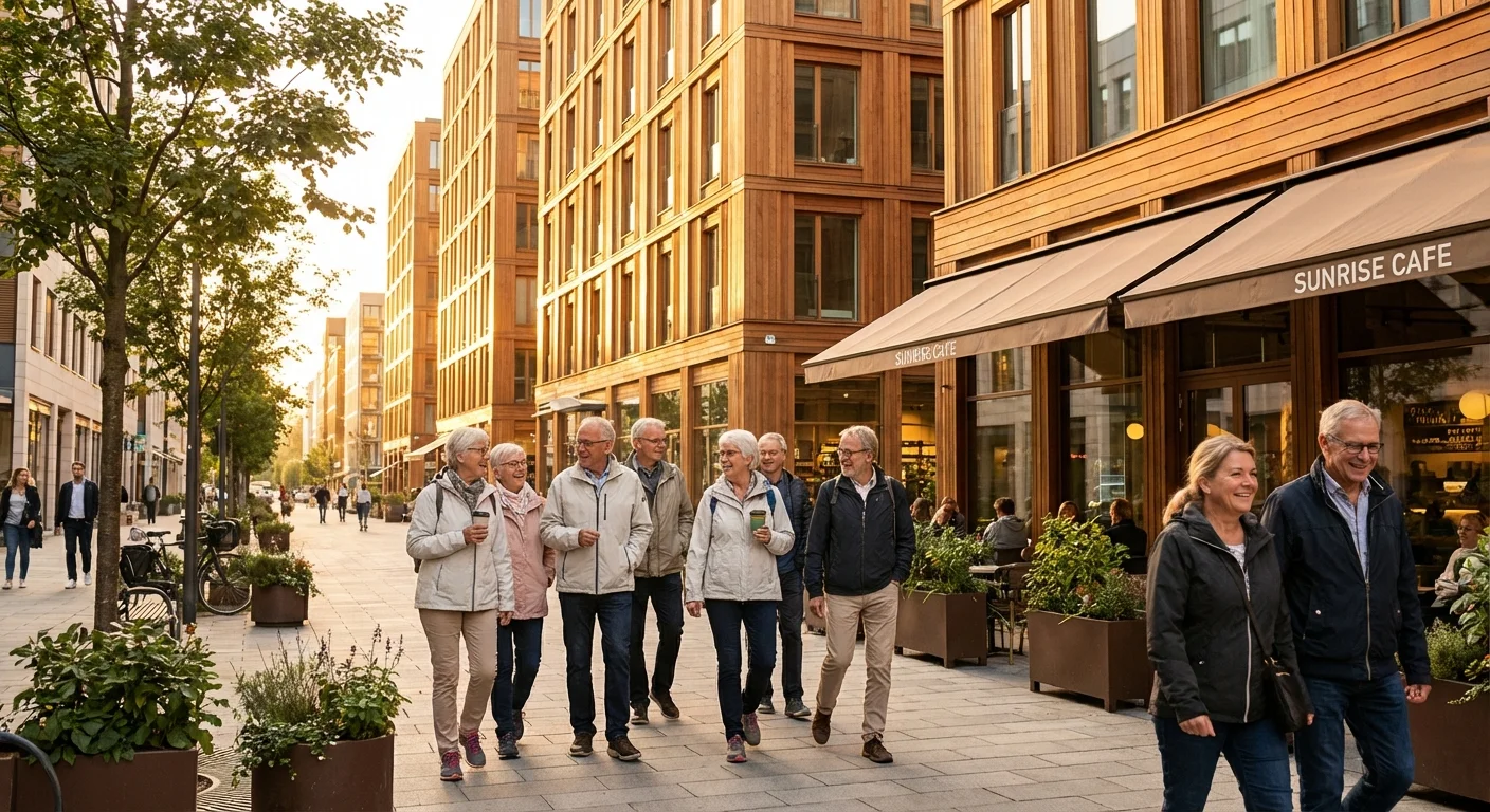 Seniors walking together in a bright, clean, and safe city environment.