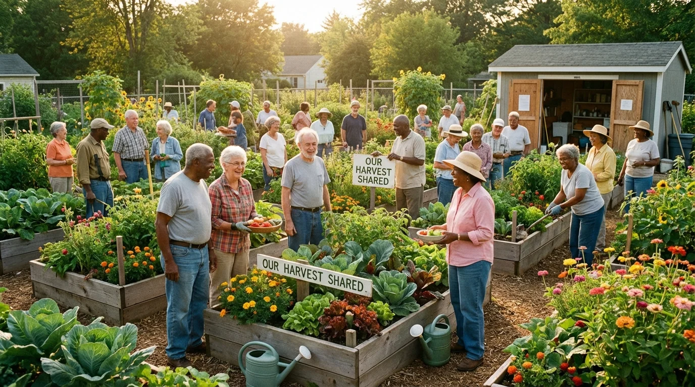 Seniors working together in a vibrant community garden.