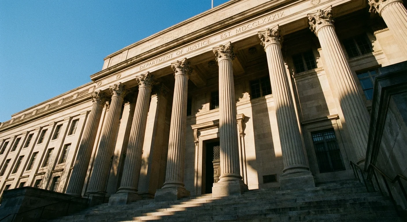 The grand stone columns of a historic government building against a blue sky.