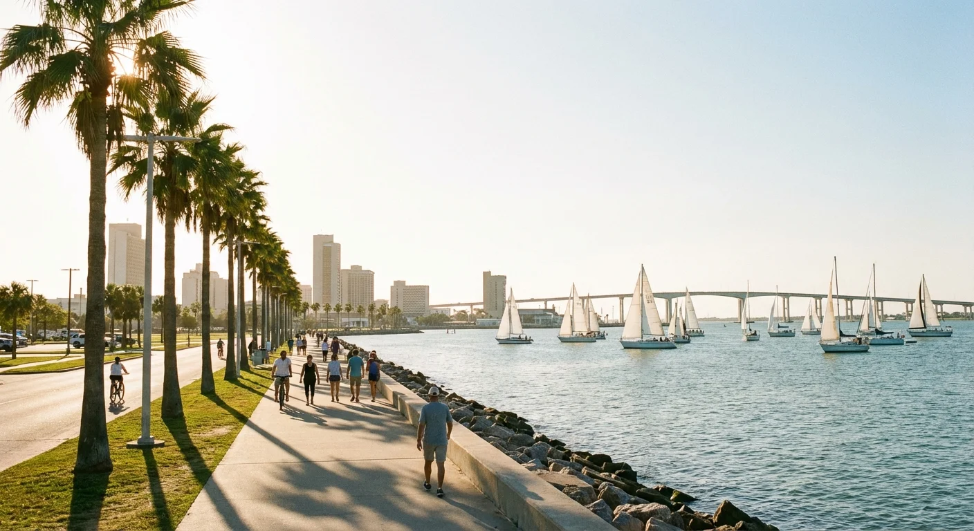 The scenic bayfront of Corpus Christi with sailboats and palm trees.