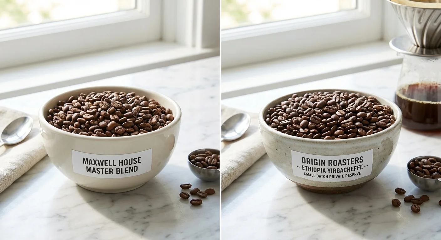 Two bowls of coffee beans side-by-side for quality comparison.