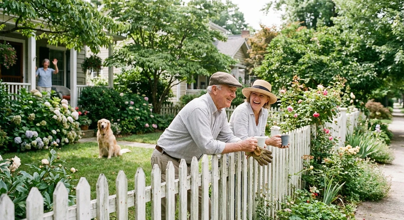Two neighbors talking over a garden fence.