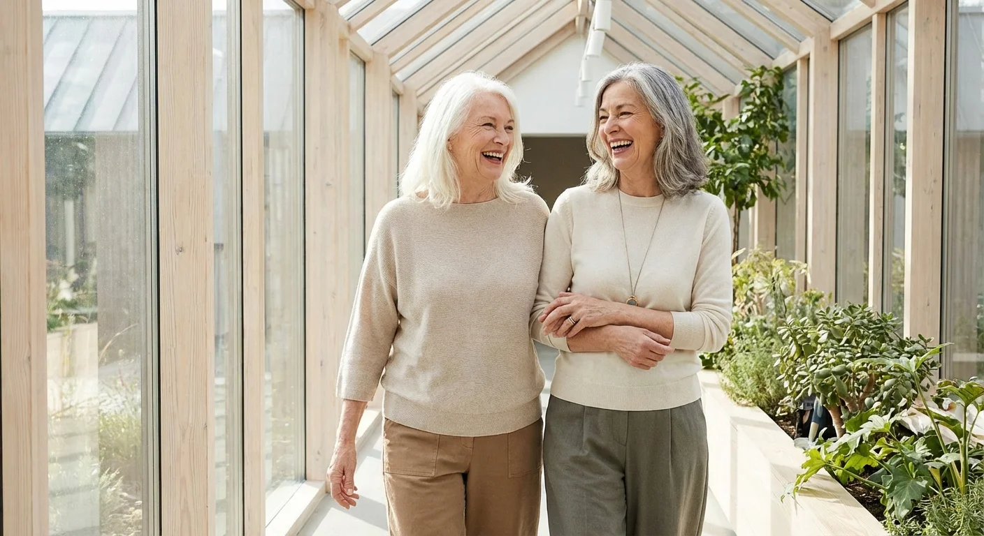 Two older women walking and talking together in a bright space.