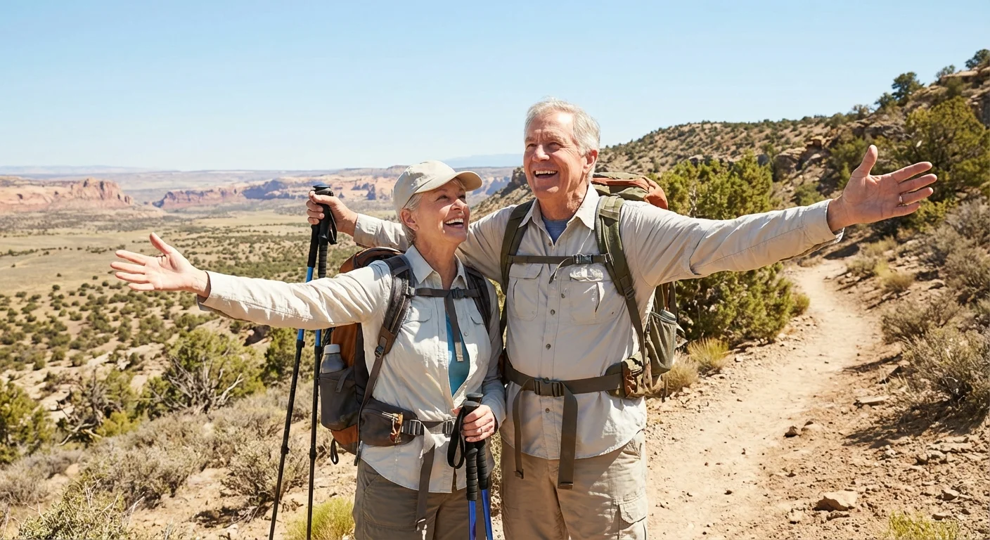 Two retirees hiking a scenic trail in the American West with valley views.