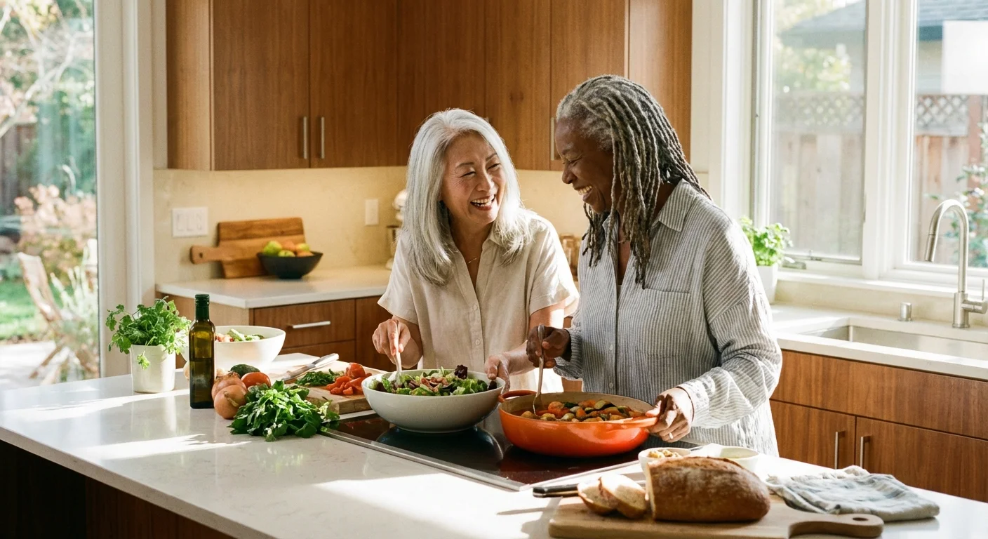 Two senior women smiling while cooking together in a bright, modern kitchen.