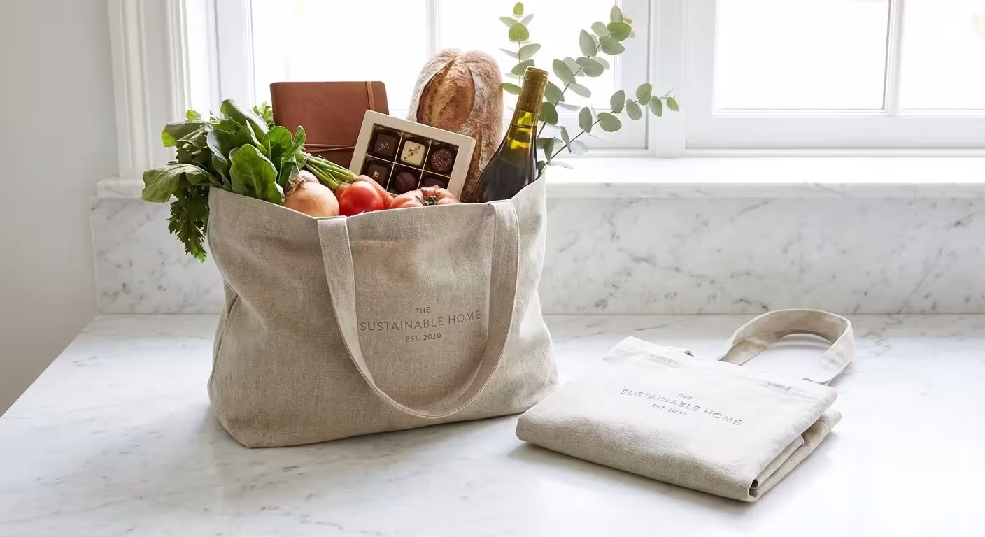 Two shopping bags on a counter representing value and savings.