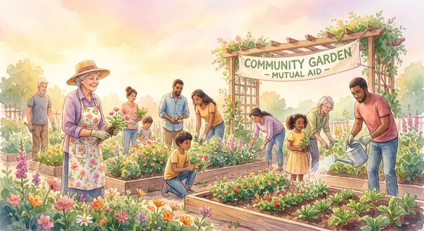 Watercolor of a community helping an elderly neighbor in her garden.