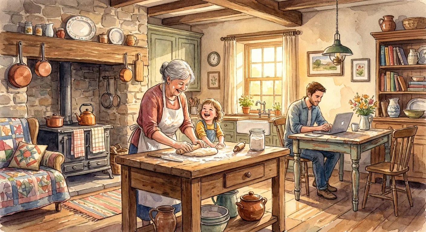 Watercolor of a grandmother and grandchild in a historic kitchen, showing multigenerational living.